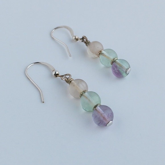Multicolor Rainbow Fluorite Earrings Drop Dangle Silver Tone Round Natural Stone - Picture 4 of 8